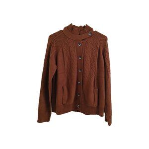 Nancy Yang Womens XL Cable Knit Cardigan Sweater Funnel Collar Cottagecore Brown